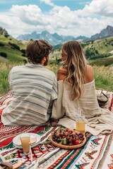 Romantic outdoor picnic in the dolomites, italy, surrounded by lush greenery under a serene blue sky