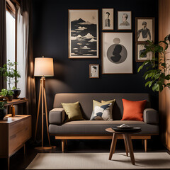 Contemporary Japanese-inspired interior showcasing a modern living space. A mid-century sofa sits adjacent to a wooden cabinet against a striking dark wall adorned with posters and frames