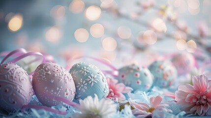 Fototapeta premium Decorative Easter eggs adorned with floral patterns amidst a soft bloom of pink flowers, ideal for springtime and holiday themes.