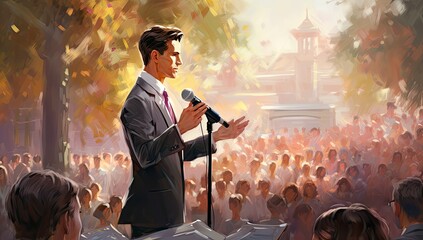 Outdoor speech scene with a politician addressing his political party. - obrazy, fototapety, plakaty