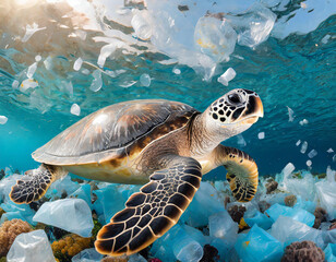 An emotive image of a sea turtle swimming through polluted waters, surrounded by plastic 
