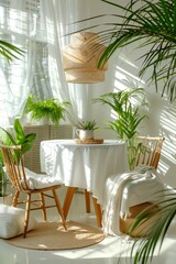 Fototapeta premium Minimalistic scandinavian dining room white walls, wooden furniture, and greenery