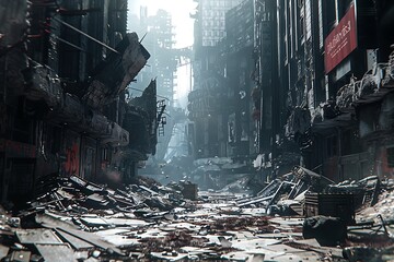 : A deserted, post-apocalyptic city, with debris and rubble scattered everywhere - obrazy, fototapety, plakaty