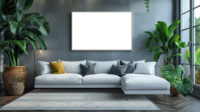 Blank poster mockup in living room with sofa isolated on transparent background