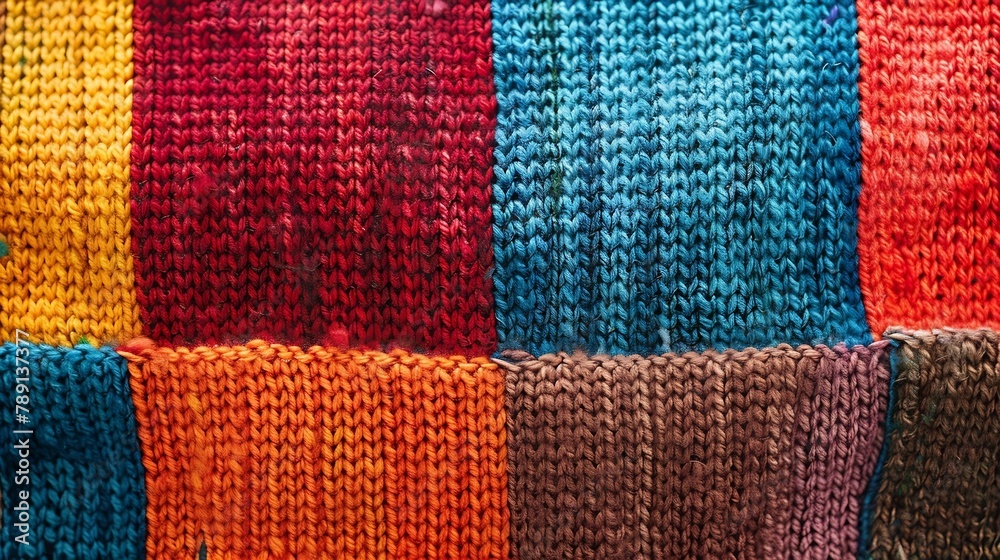 Aufkleber Colored plaid from different yarns Knitted texture woolen product homework hobbies knitting needlework Closeup background : Generative AI