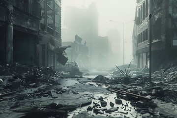: A deserted, post-apocalyptic city, with debris and rubble scattered everywhere