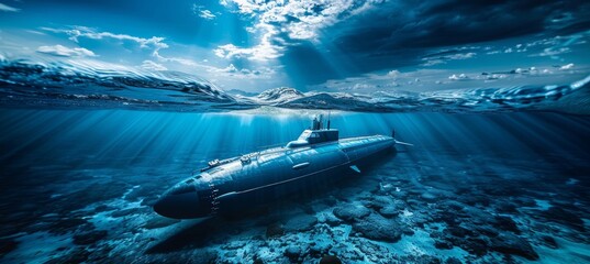 Military nuclear submarine launching torpedo missile in vast expanse of open ocean - obrazy, fototapety, plakaty