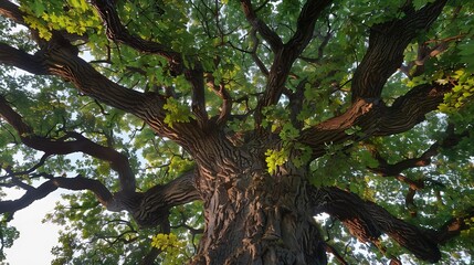 Ancient oak tree with green leaves closeup Kvepene Latvia Picturesque low angle panoramic view...