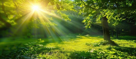 Nature in springtime with sunlight shining through green scenery, a sunny forest during the early hours.