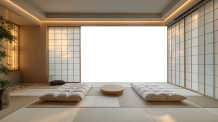 Japanese-style Spa empty room with a mattress and large windows