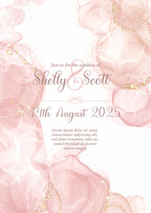 wedding invitation with hand painted pink alcohol ink design 