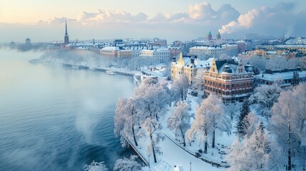 Aerial view of Helsinki during winter, snow-covered cityscape