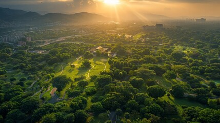 Aerial view of Islamabad, green spaces and urban development, morning glow