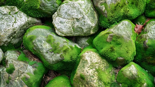Beautiful Bright Green moss grown up cover the rough stones and on the floor in the forest Show with macro view Rocks full of the moss texture in nature for wallpaper : Generative AI
