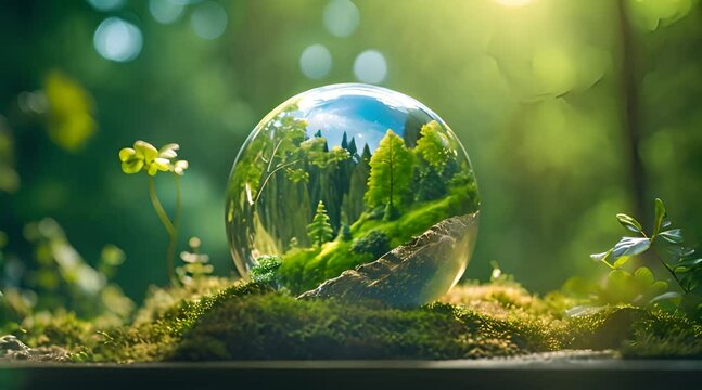 transparent earth globe on grass smooth blurry background