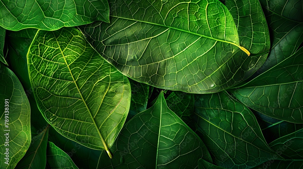 Poster Close up group of background green leaves texture and Abstract Nature Background Lush Foliage Textures Exotic Greenery and Botanical Patterns : Generative AI