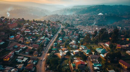 Aerial view of Kigali, hills surrounding the city, vibrant markets