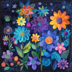 Watercolor painting of vibrant flowers in the night sky