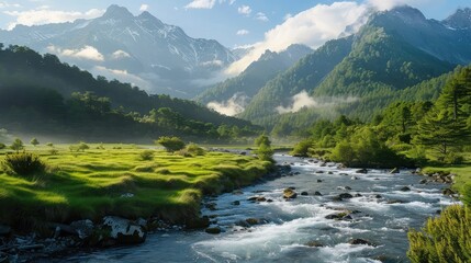 mountain landscape with river. green environment background