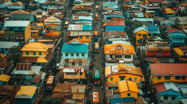 Aerial view of Manila, densely populated areas and colorful jeepneys