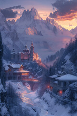 A beautifully situated ancient monastery atop a snowy mountain, bathed in the early morning light, exuding peace and wisdom. - obrazy, fototapety, plakaty