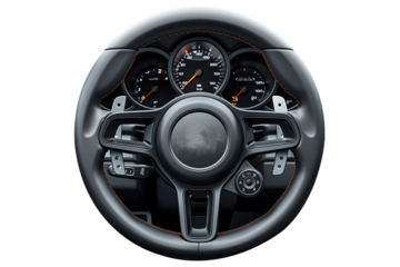 Modern car interior. Modern car steering wheel with dashboard isolated on white background