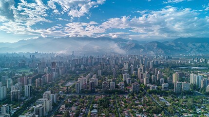 Aerial view of Santiago, Andes backdrop, urban sprawl - obrazy, fototapety, plakaty
