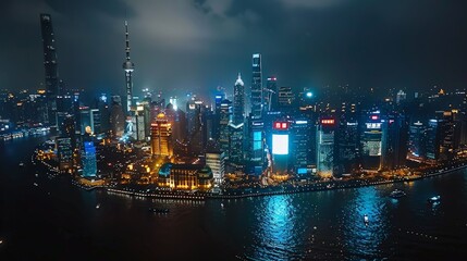 Aerial view of Shanghai, The Bund and modern skyscrapers, night lights