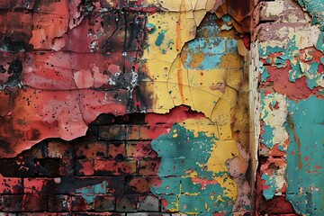: A crumbling brick wall transformed into a canvas for abstract shapes and splashes of color. The textures reveal the passage of time.