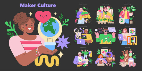 Maker Culture set Diverse individuals unite in creativity, from gardening and upcycling to robotics and 3D printing Community collaboration in innovation Vector illustration