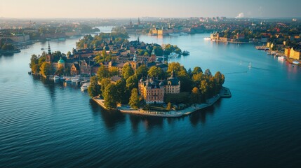 Aerial view of Stockholm, archipelago beauty, serene waters