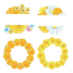 Set of circle watercolor springtime border, frame buckets of primroses. Chamomile, dandelion, daisy flowers. Romantic borders. Beautiful flowers for invitation, wedding, printing, textile, greeting ca