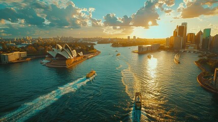 Aerial view of Sydney Harbour and Opera House, sunny day