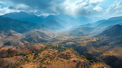 Aerial view of the Atlas Mountains, rugged terrains and ancient trails