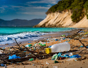 A stark contrast between a pristine beach and another littered with plastic waste and debris
