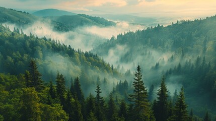 Aerial view of the Carpathian Mountains, forested slopes and misty mornings