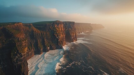 Aerial view of the Cliffs of Moher, rugged cliffs against the Atlantic