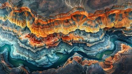 Aerial view of the Grand Canyon, intricate river carvings and colorful strata