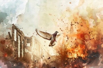 A watercolor painting captures a dove in flight above crumbling buildings, symbolizing hope and peace amidst destruction. - obrazy, fototapety, plakaty
