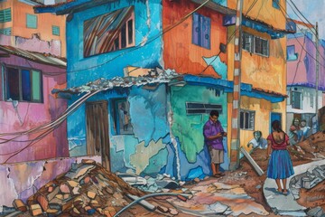 Fototapeta na wymiar This painting depicts locals amidst the colorful chaos of a ruined slum, a reflection on resilience in the face of adversity.