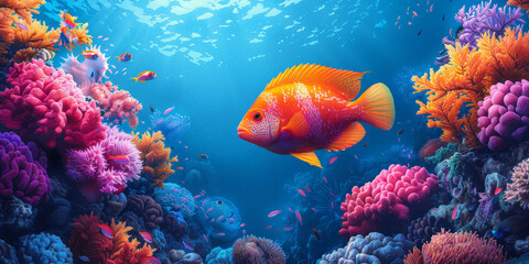 Fototapeta na wymiar colorful tropical fish in a coral reef on blue sea background,