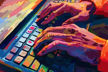 An illustration of hands typing on a colorful keyboard, casting dynamic shadows on a red backdrop, perfect for articles on digital work.