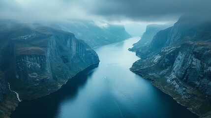 Aerial view of the Norwegian Fjords, steep cliffs and deep waters