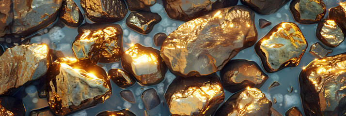 The pure gold ore found in the mine on a stone floor, Shiny gold nuggets background.
 - obrazy, fototapety, plakaty