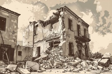 A detailed sketch showing the devastation of an urban environment, with a focus on a crumbling building and debris, suitable for themes of destruction and history.