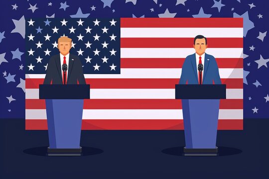 Political Debate Illustration: Two Candidates Speaking Before an American Flag, Symbolic of Democracy and Elections	