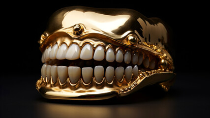 Golden skull with teeth isolated on black background.