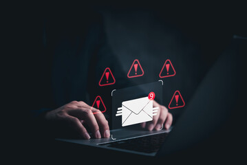 business cyber attack, with email hacker. alerts about potential viruses, scam, and spam emails. threat cyber crimes and messages technology - 789142173