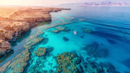 Aerial view of the Red Sea Reef, vibrant coral ecosystems and clear waters