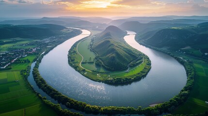 Aerial view of the Rhine River, winding through European landscapes - obrazy, fototapety, plakaty